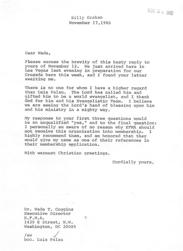 Letter from Billy Graham to Wade Coggins about Luis Palau Association